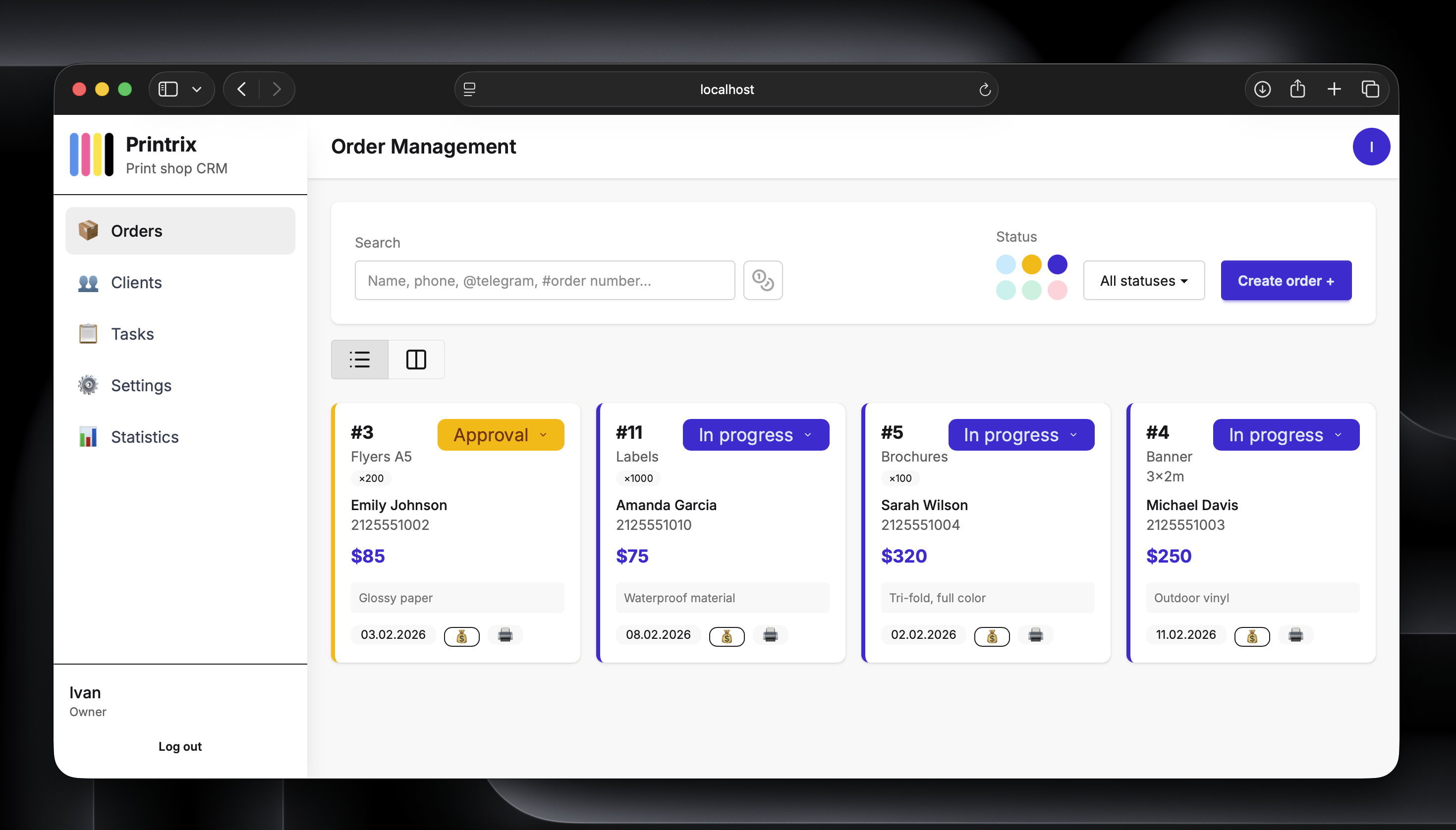 Order management interface